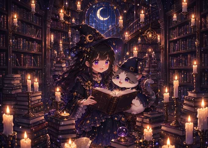 Witch Girl and Cat Reading Magic