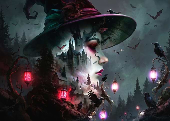 Double Exposure Witch and Gothic Castle