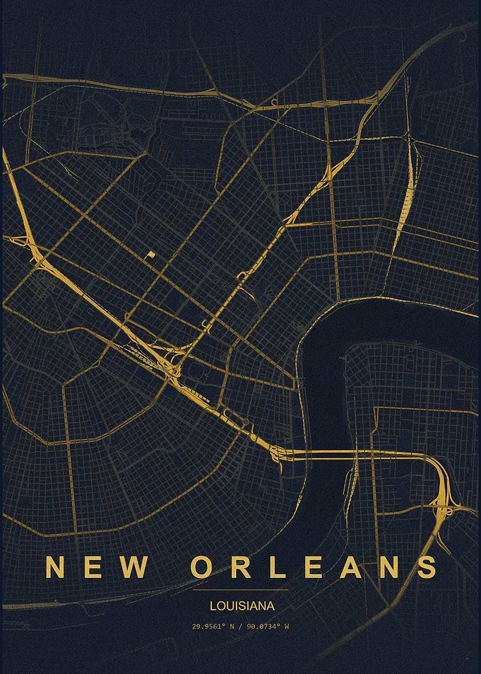 New Orleans Gold Map Print
