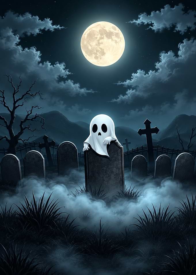 Cute Ghost in a Spooky Graveyard