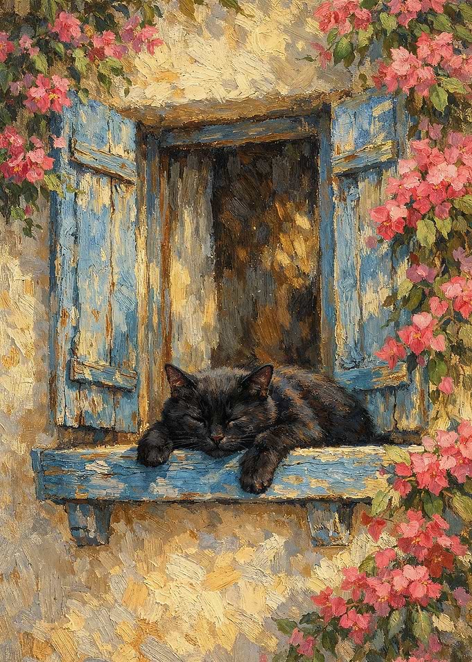 Sleeping Black Cat on Window