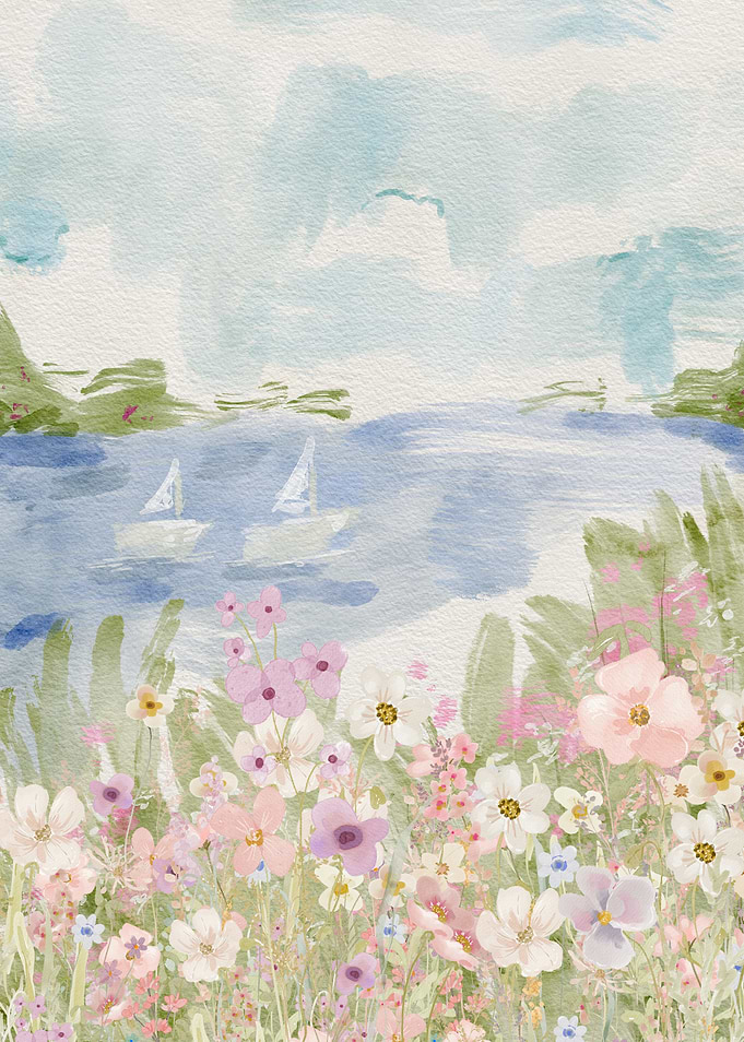 Watercolor Meadow and Sailboats Landscape