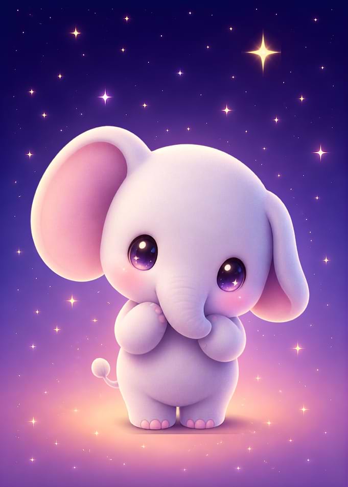 Cute Baby Elephant Under Starry Sky