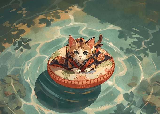 Cute Kitten in Kimono Floating