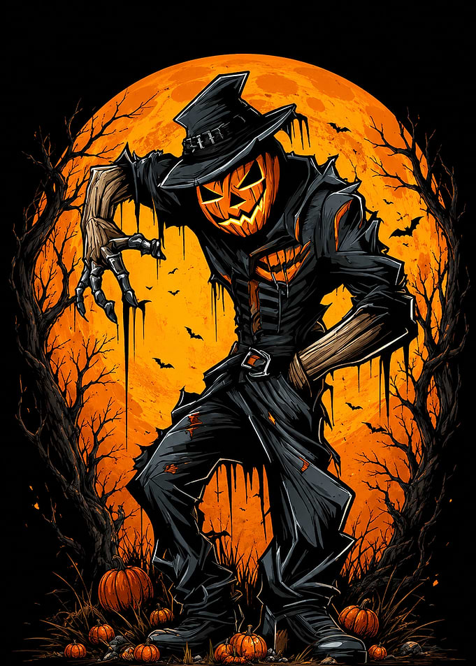 Spooky Pumpkin Head Scarecrow Halloween Illustration