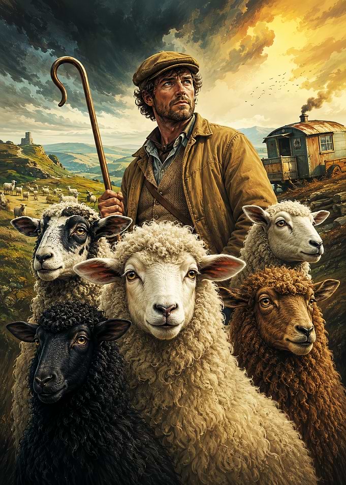 Shepherd with his flock of sheep