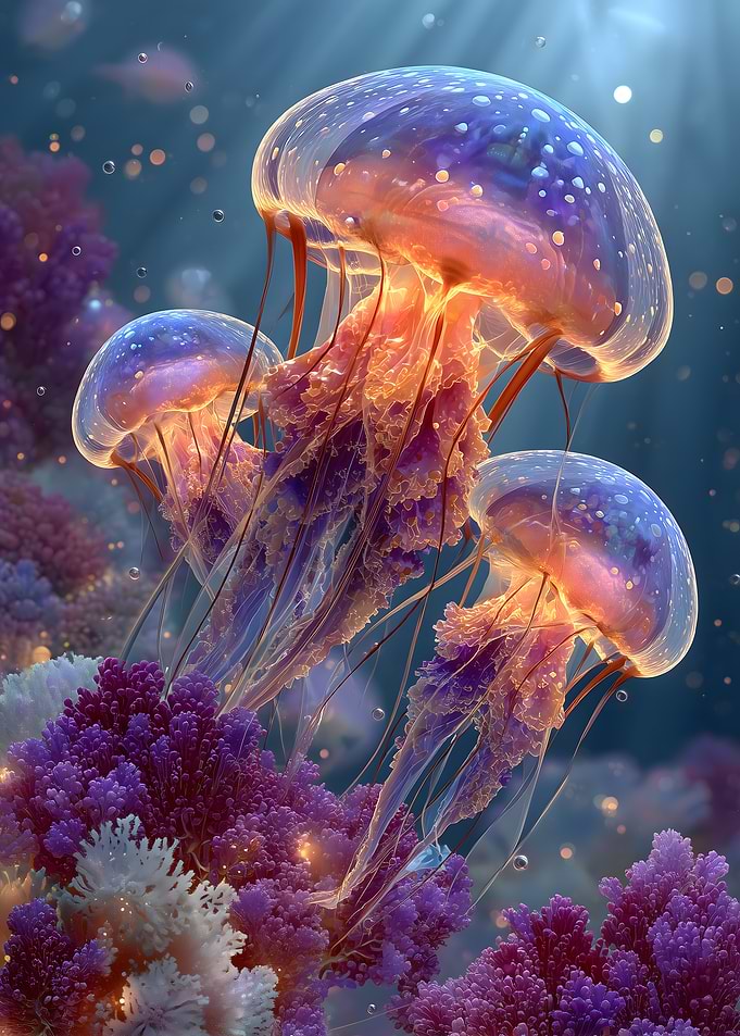Glowing Jellyfish in Coral Reef