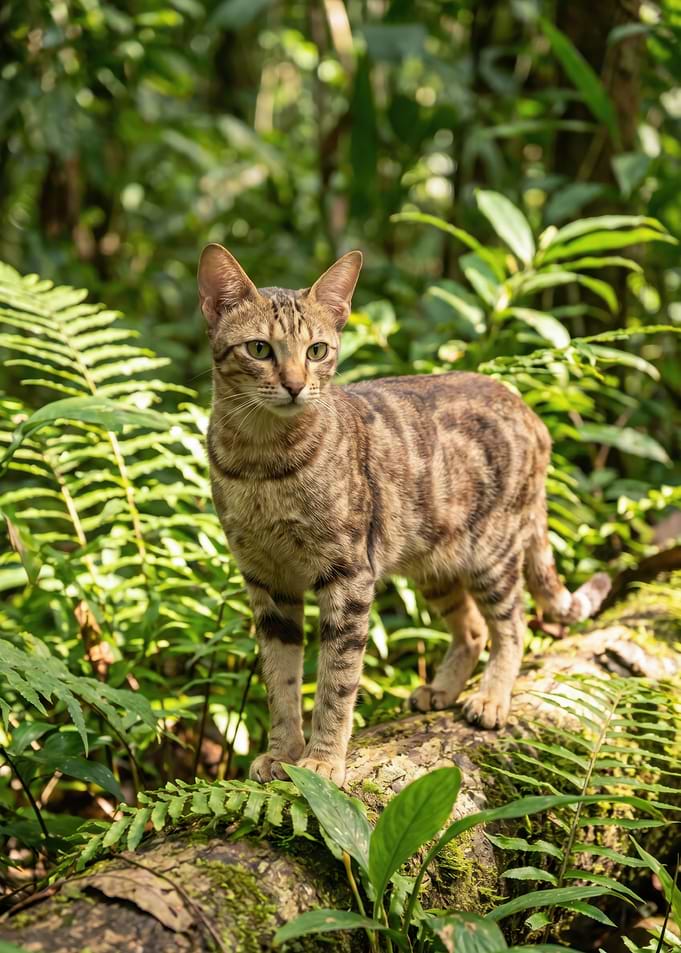 Wild Cat Standing on Forest Log
