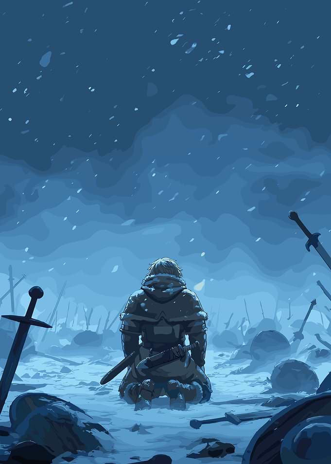 Warrior Kneeling on Snowy Battlefield