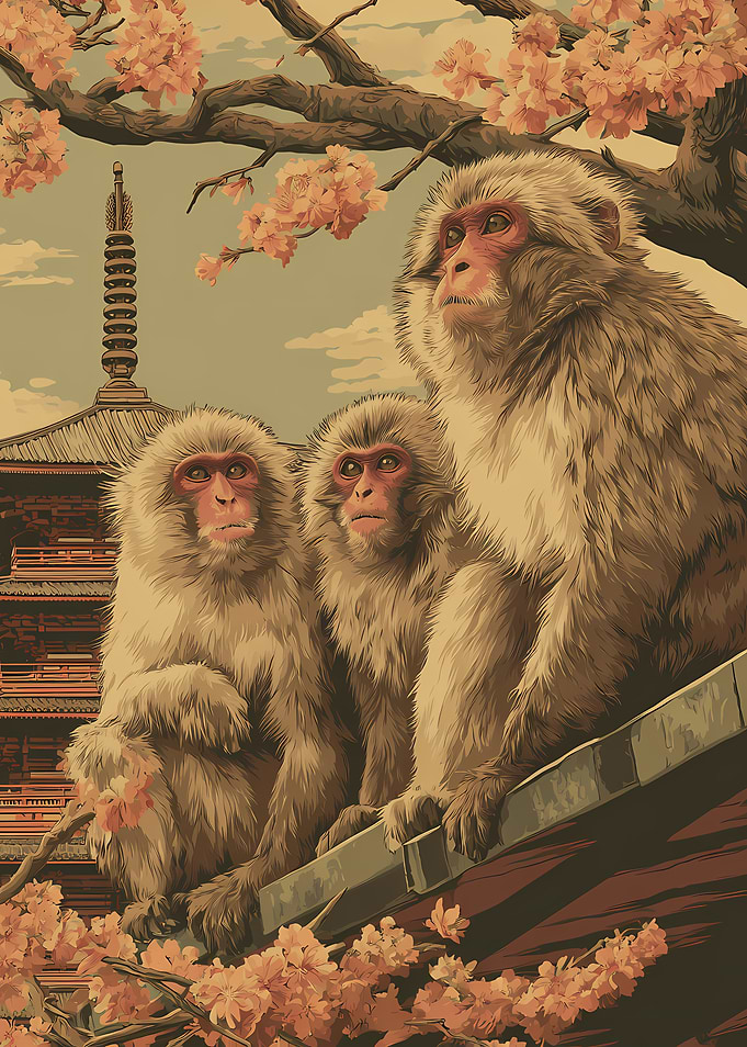 Three Japanese Macaques at Temple