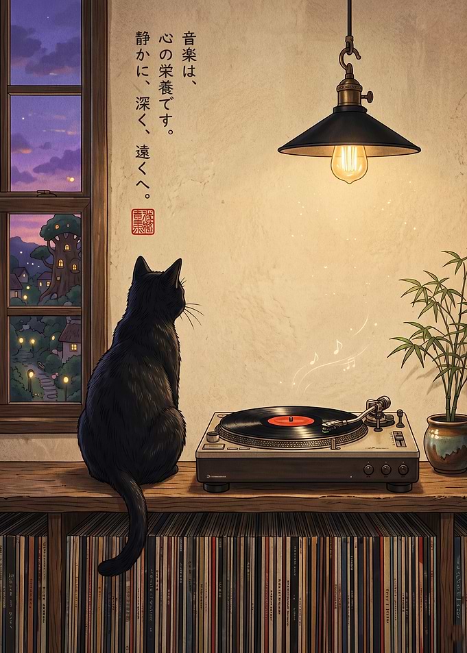 Black Cat Listening to Vinyl Records