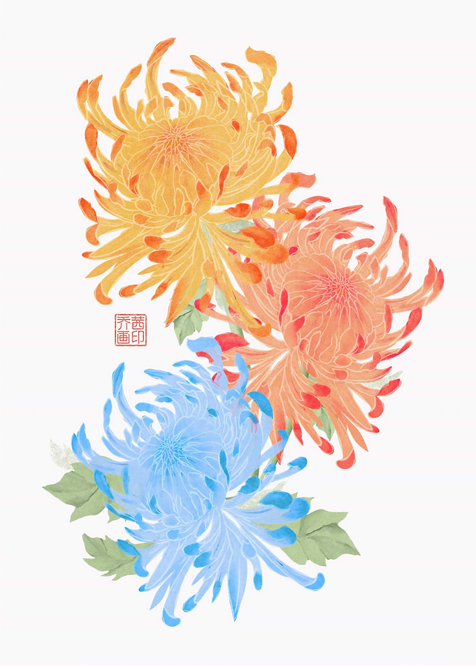 Watercolor Chinese Spider Chrysanthemum Floral Art