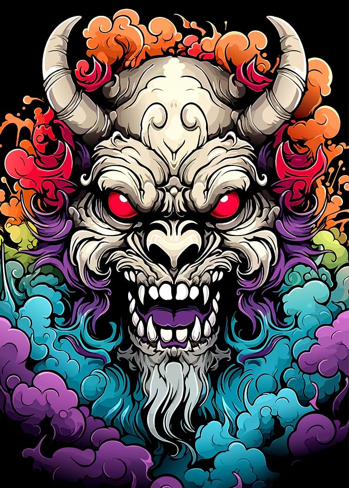Vibrant Oni Mask Demon Illustration