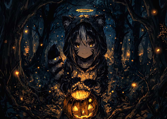 Anime Raccoon Girl with Halloween Pumpkin