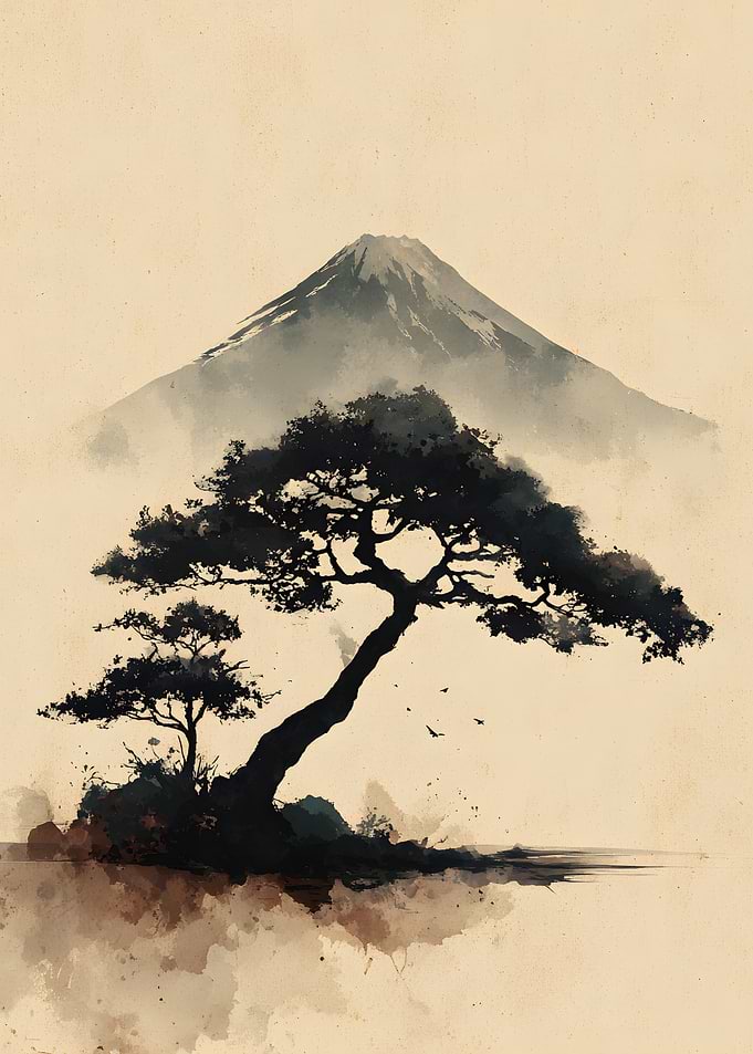 Watercolor Mount Fuji and Bonsai Tree