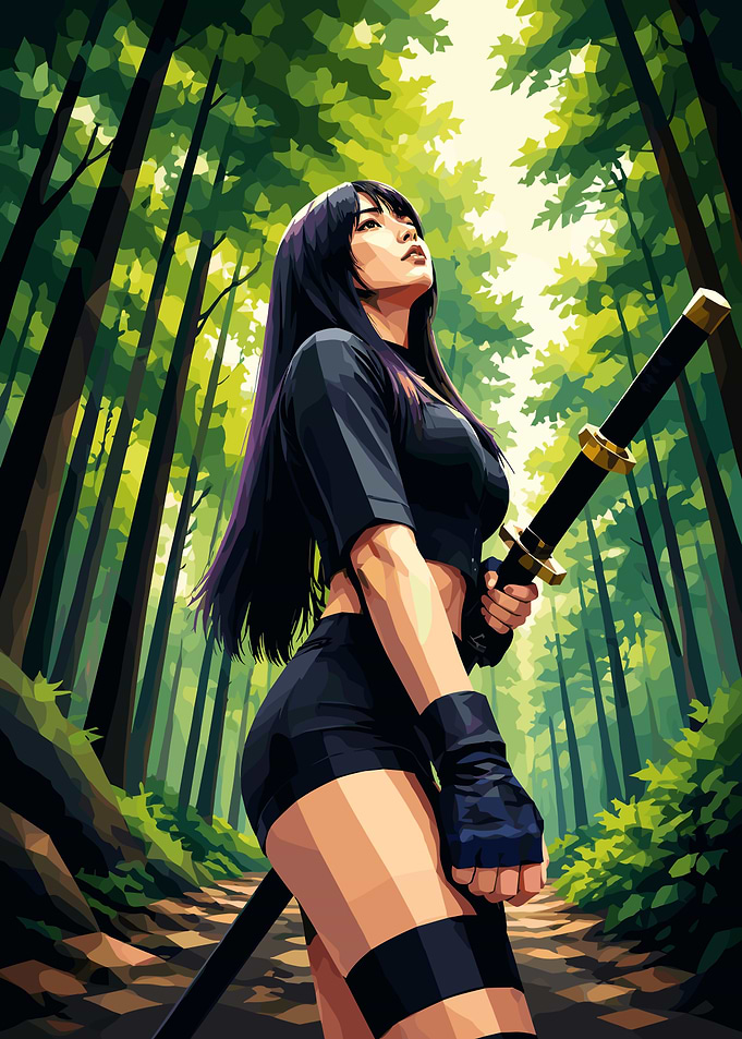 Warrior Woman with Katana in Forest