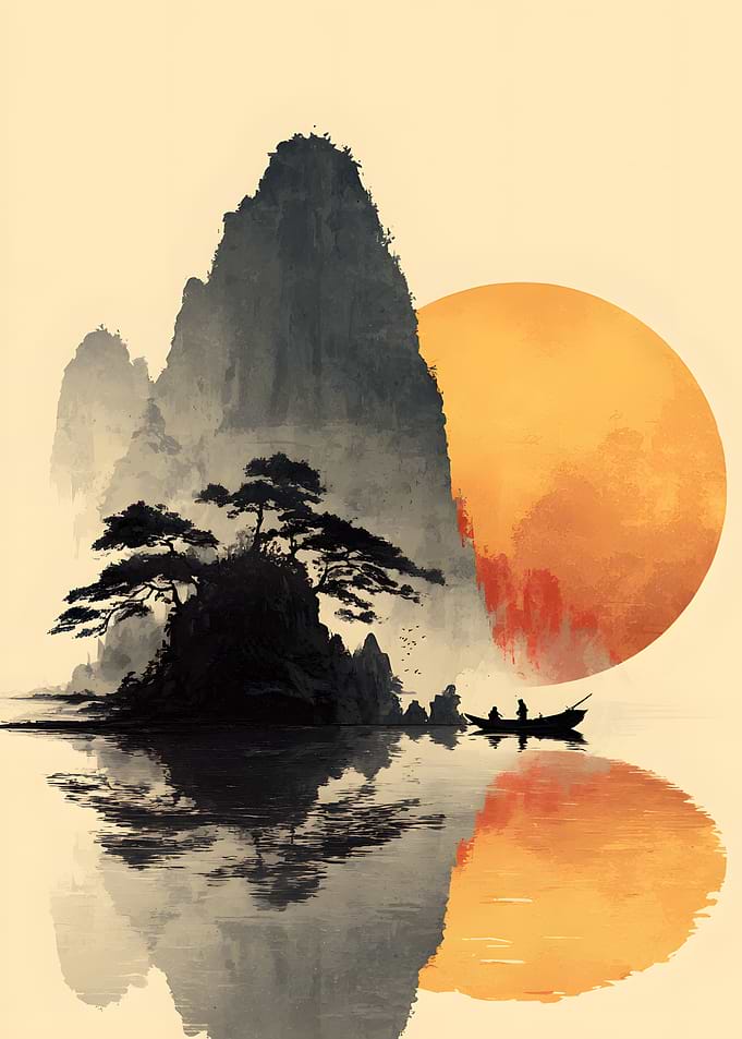 Serene Asian Landscape with Sunset