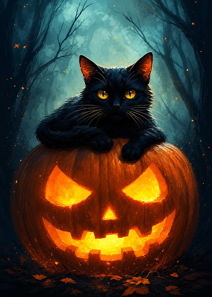 Black Cat on Glowing Jack-O-Lantern