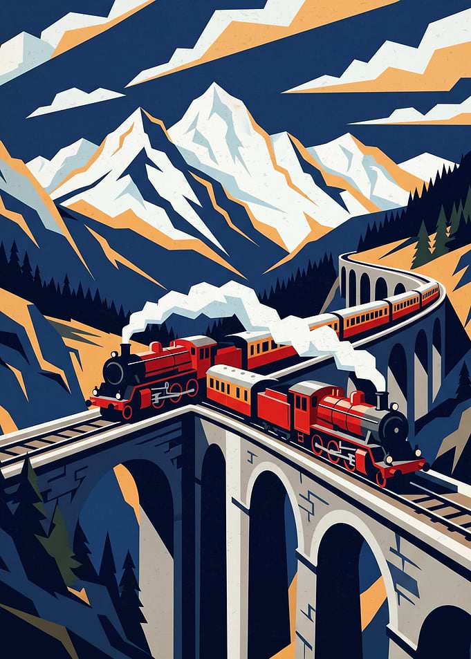 Vintage Steam Train on Mountain Viaduct