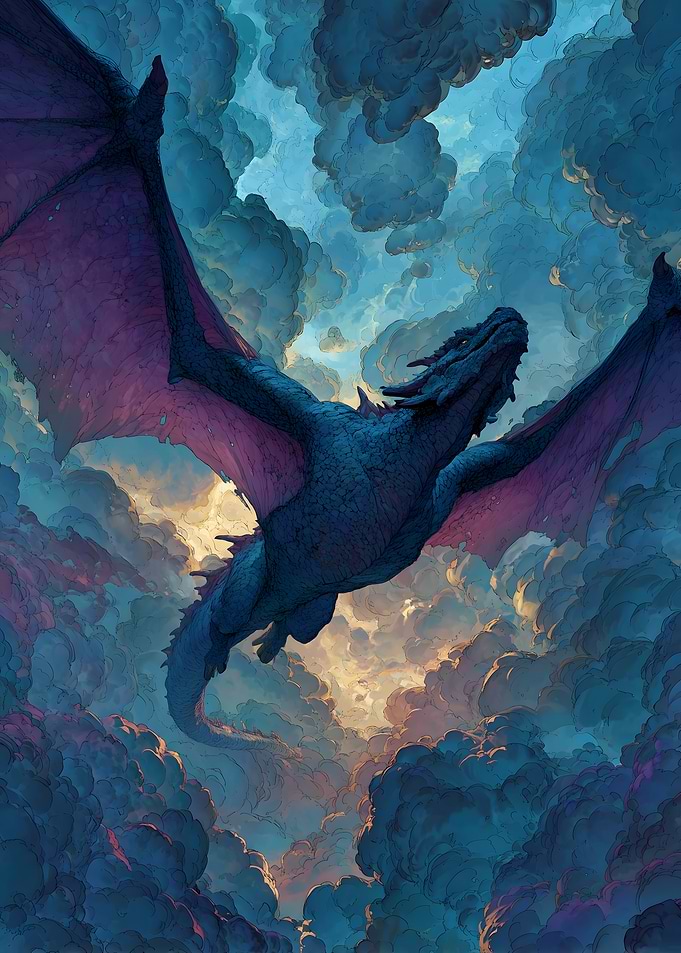 Majestic Blue Dragon Soaring Through Clouds