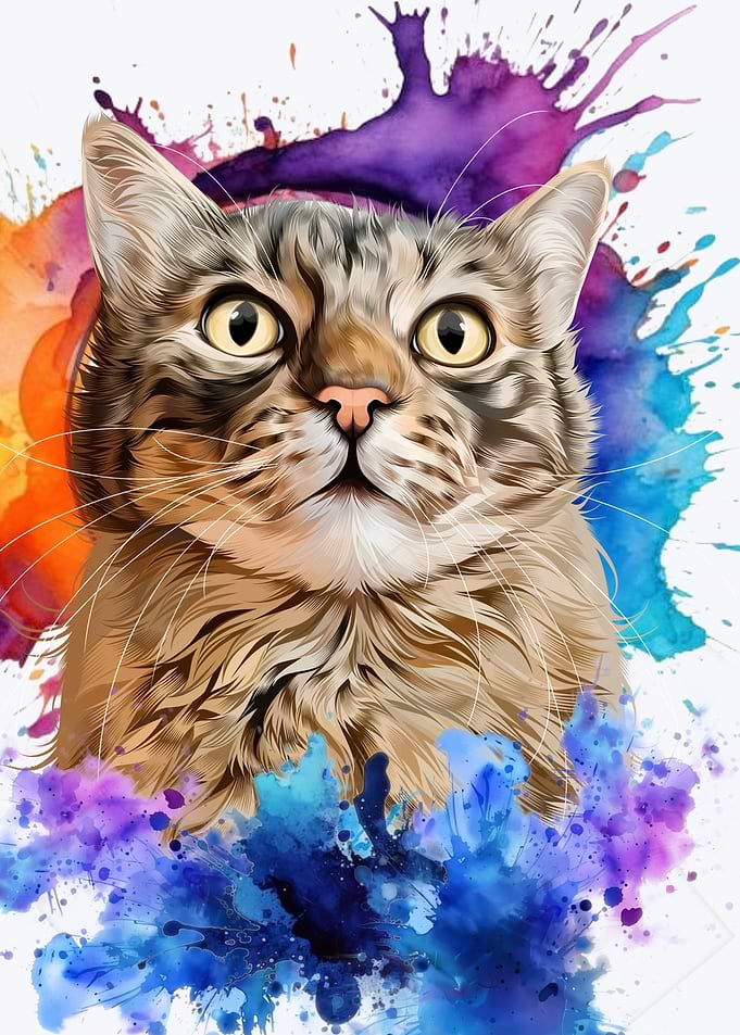 Watercolor Splatter Tabby Cat Portrait
