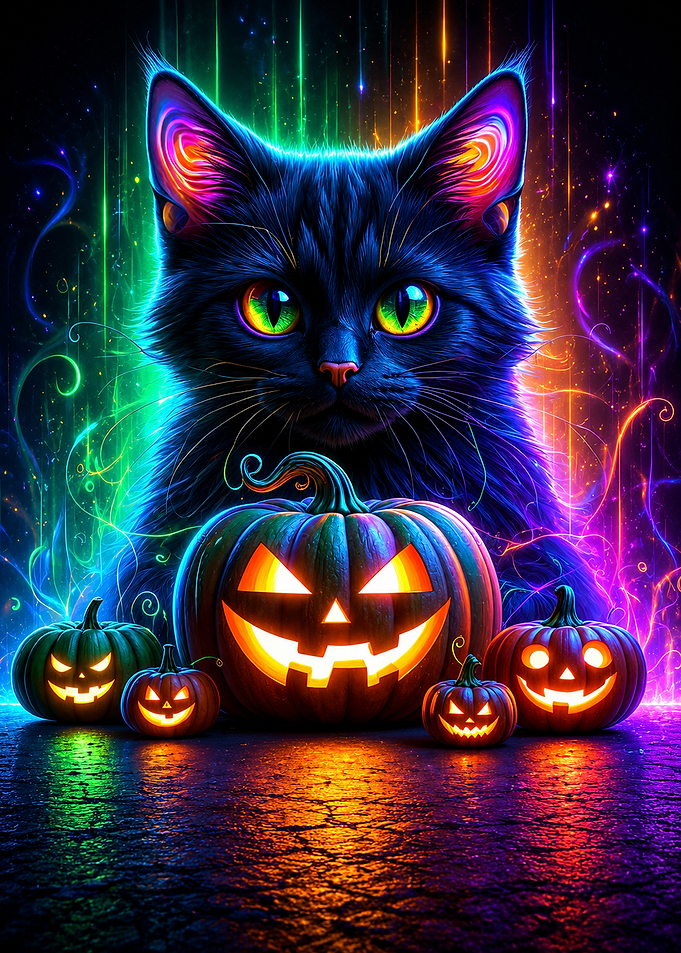 Neon Halloween Black Cat and Pumpkins