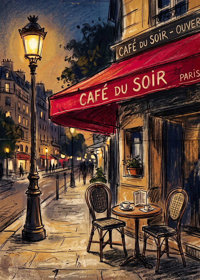 Parisian Cafe at Night Illustration