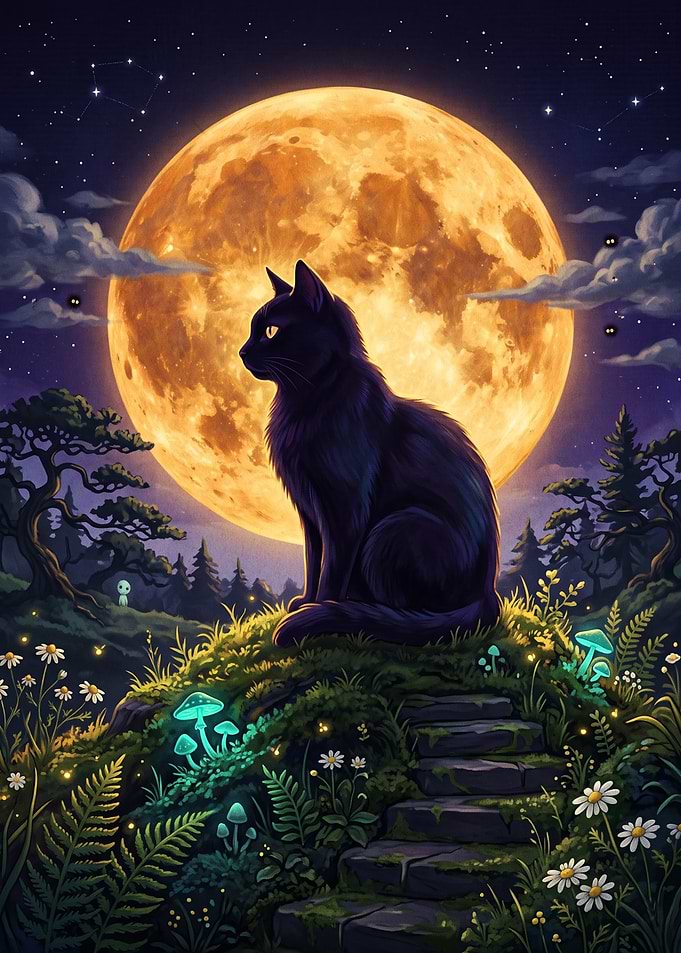 Black Cat Under Full Moon