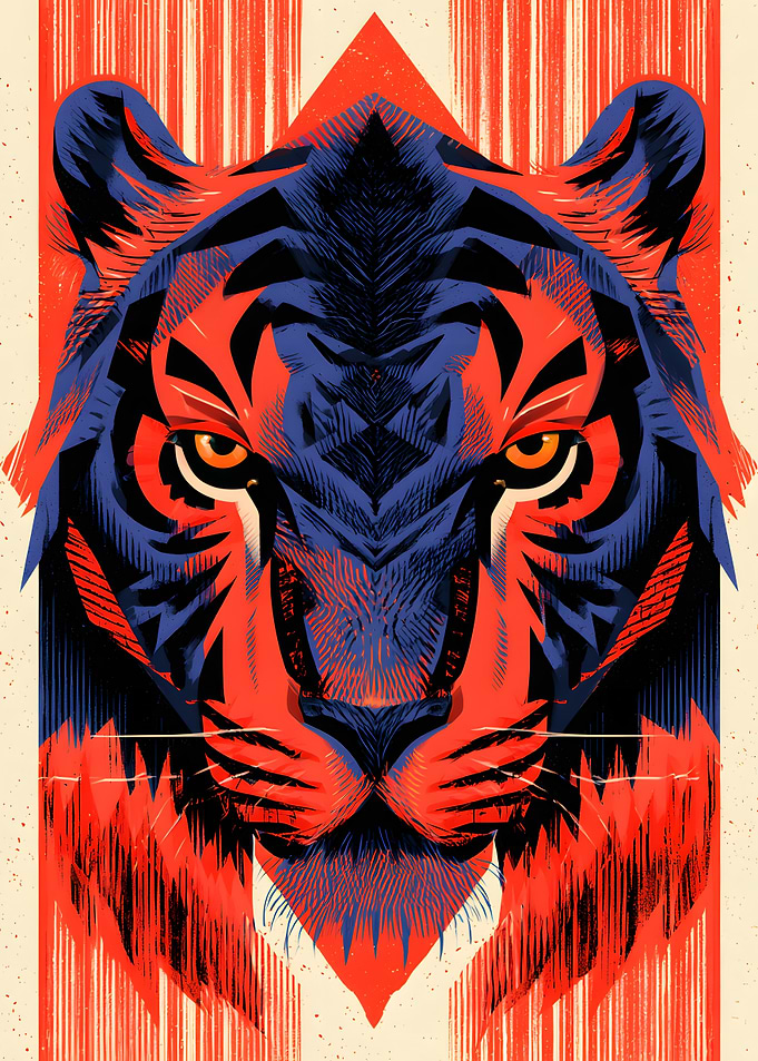 Stylized Red and Blue Tiger Portrait