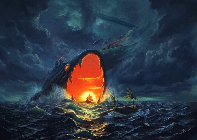 Giant Sea Monster Devouring Sunset