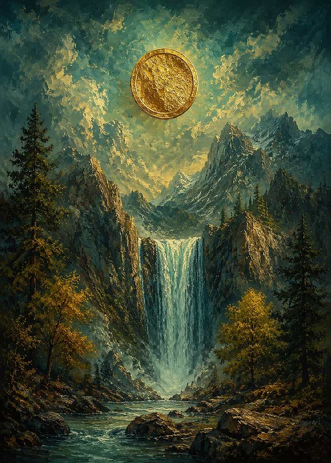 Golden Sun Over Mountain Waterfall
