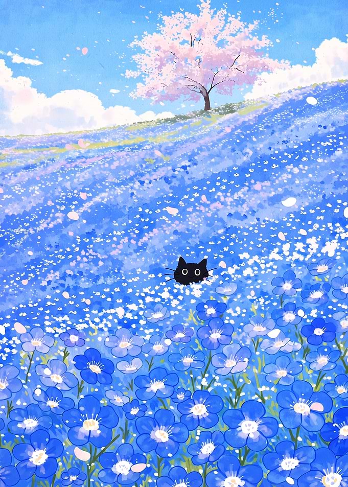 Black Cat in Blue Flower Field