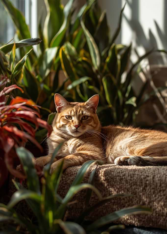 Ginger Cat Resting Among Houseplants