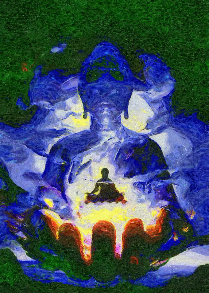 Meditating Buddha in Cosmic Hands