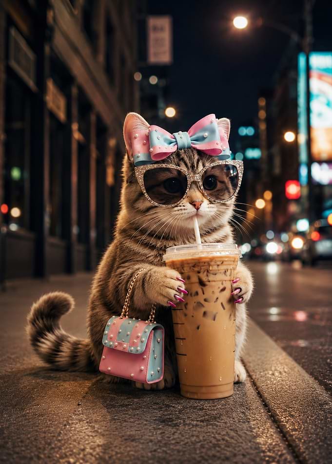 Fashionable Cat Drinking Iced Coffee