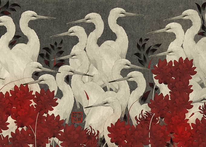 White Egrets and Red Spider Lilies