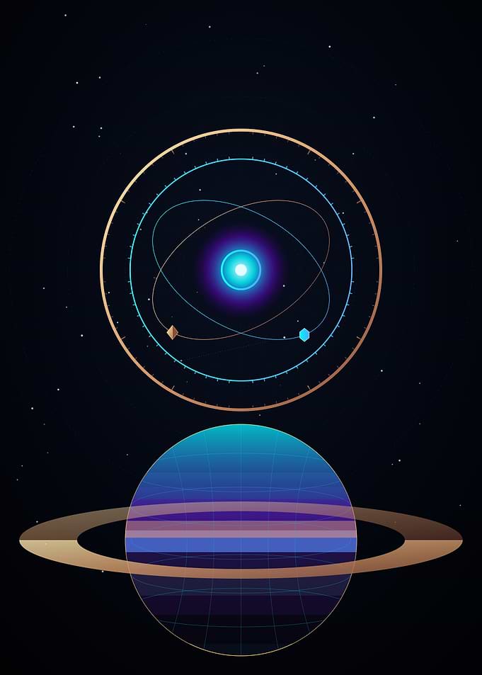 Minimalist Cosmic Planet and Atom Illustration