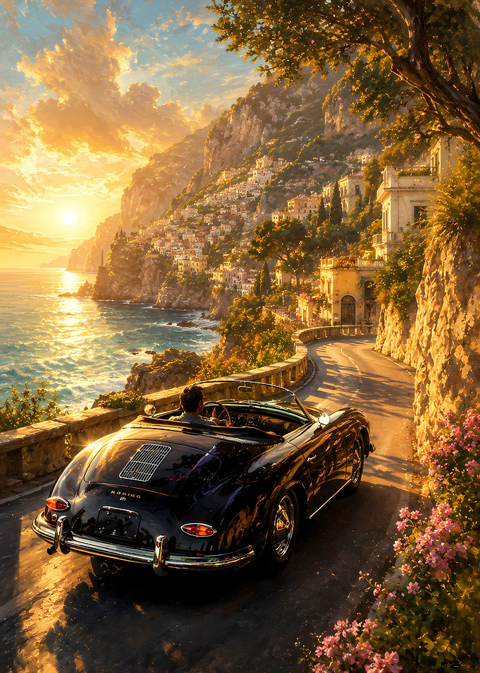 Vintage Convertible Driving Along Amalfi Coast
