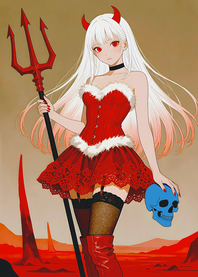 Anime Devil Girl with Trident and Skull