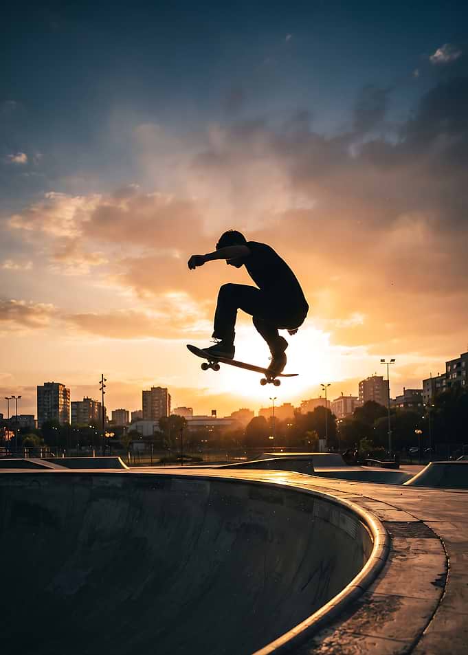 Skateboarder performing trick at sunset