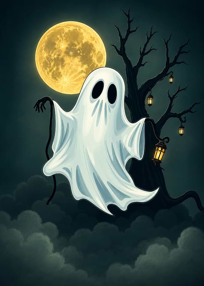 Ghost with Lantern Under Full Moon