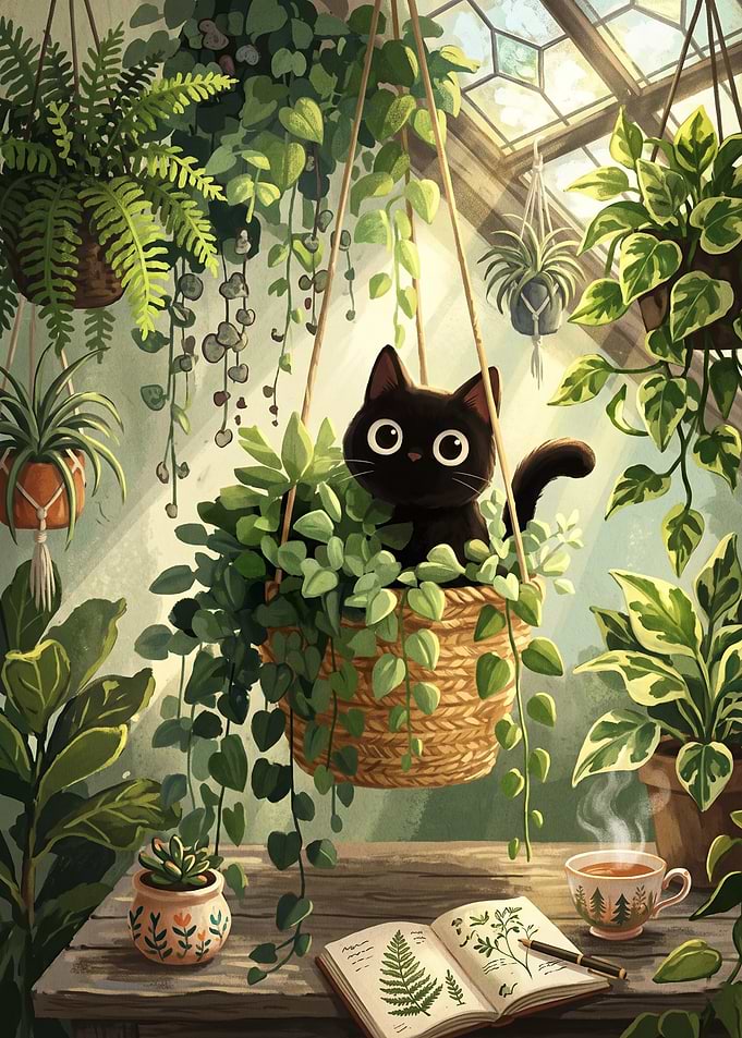 Cute Black Cat in Hanging Planter