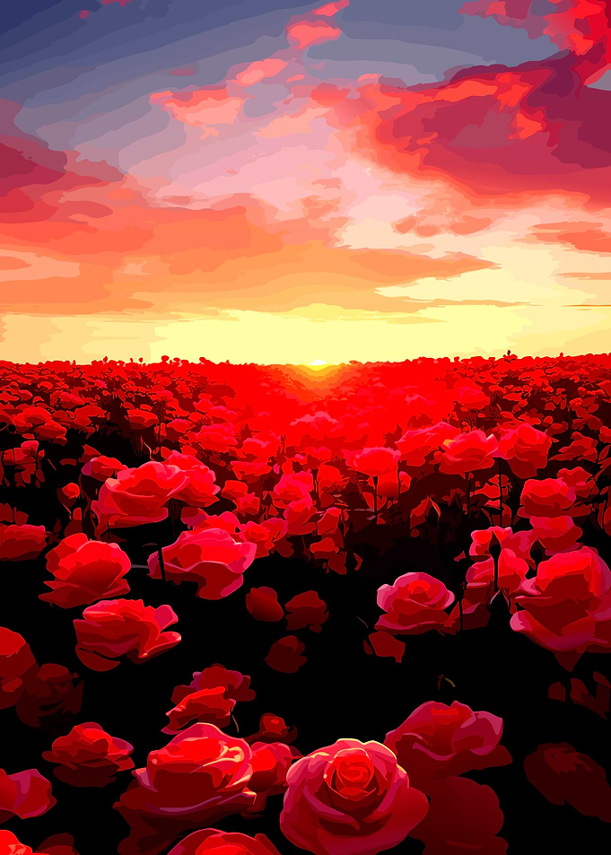 Vibrant Red Rose Field at Sunset
