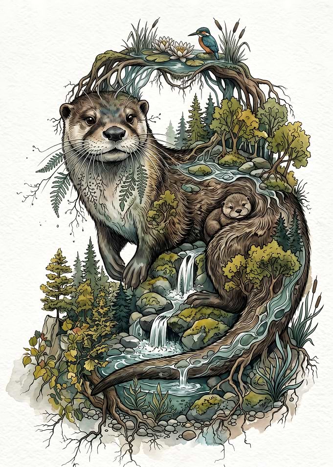 Otter and Baby in Forest Landscape
