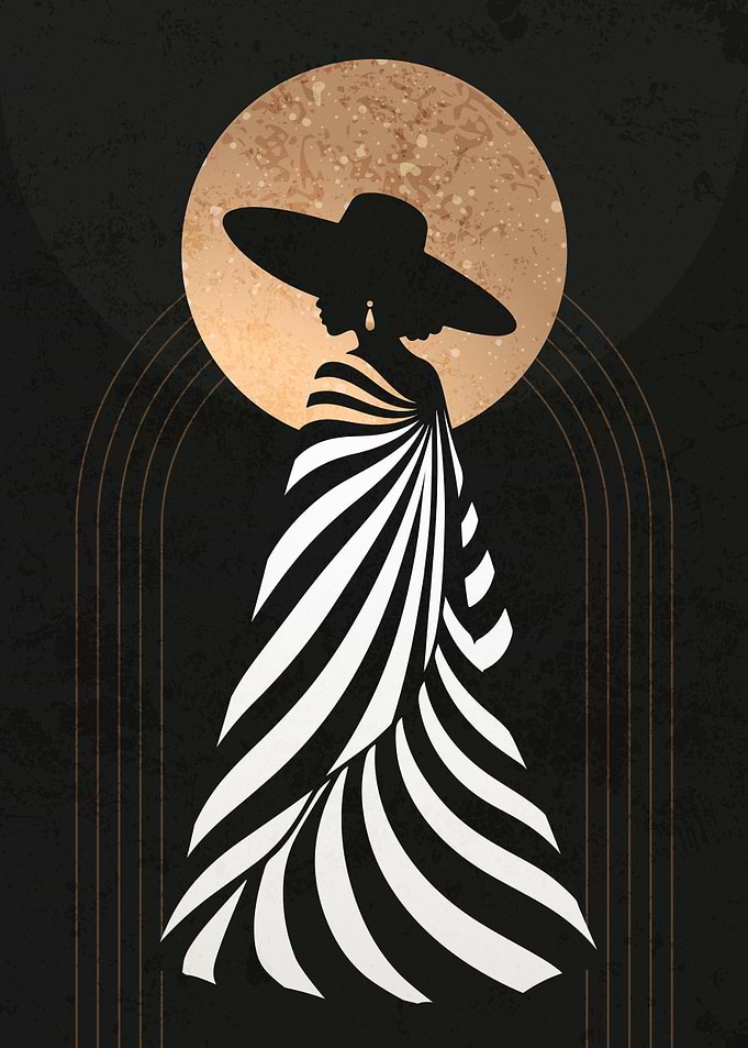 Elegant Woman in Striped Dress Silhouette