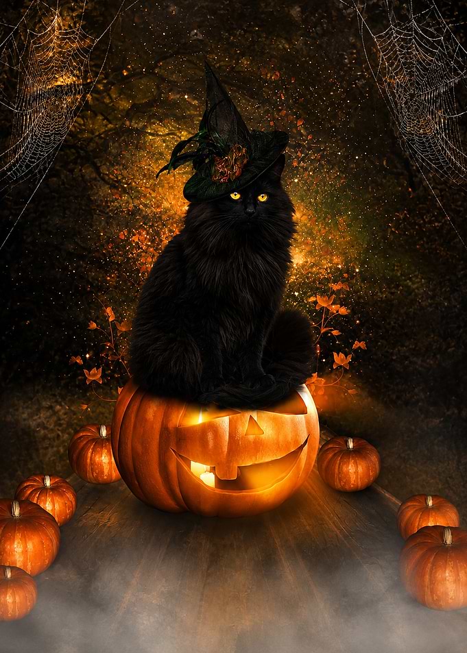 Black Cat Witch on Jack-o'-lantern