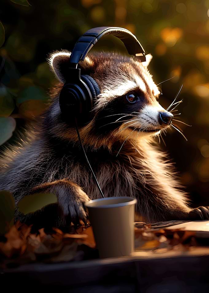Raccoon Wearing Headphones with Coffee