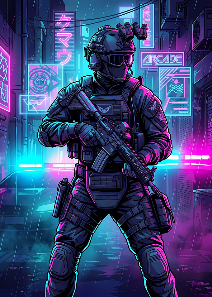 Tactical Soldier in Neon City