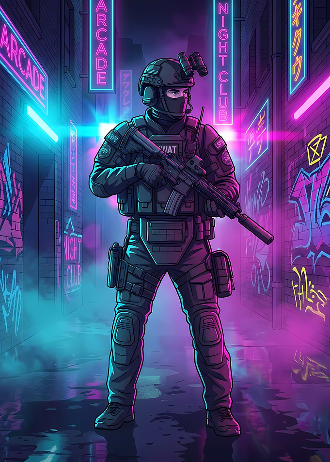 SWAT Officer in Neon Alley