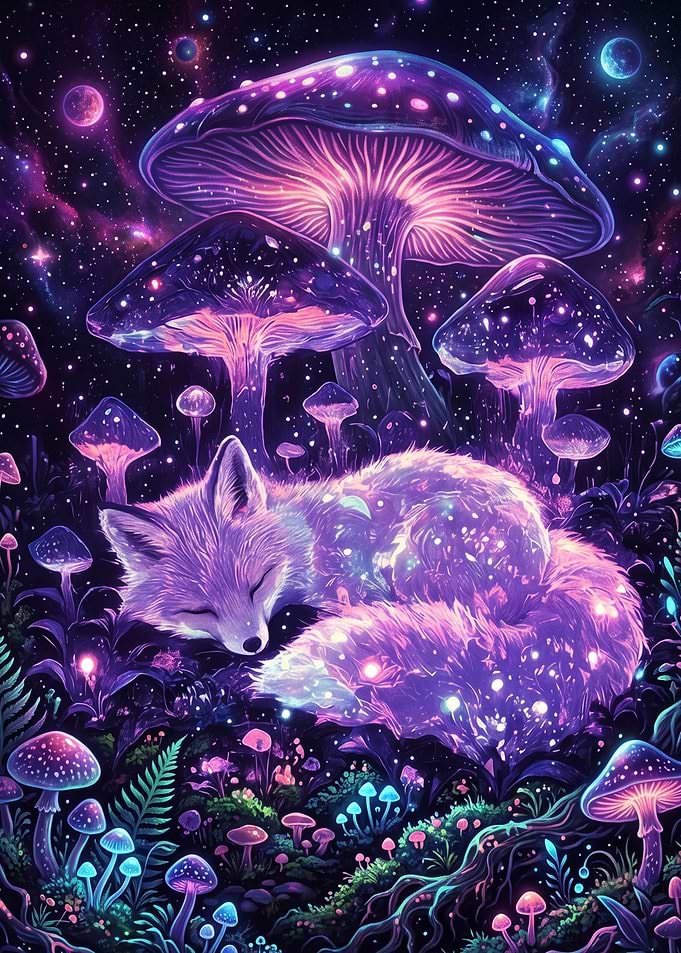 Sleeping Fox in Cosmic Mushroom Forest